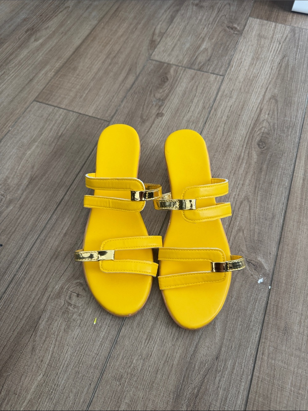 Aldo Yellow Slide Sandals with Gold Accents